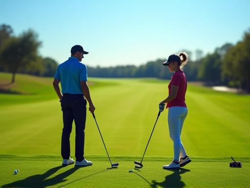 Golftrainer gibt einem Schüler Unterricht auf der Driving Range