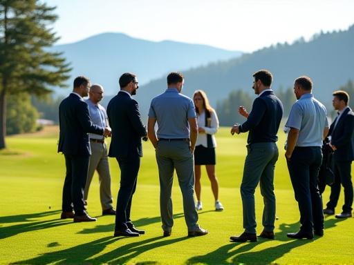 Gruppe von Geschäftsleuten bei einem Firmenevent auf dem Golfplatz