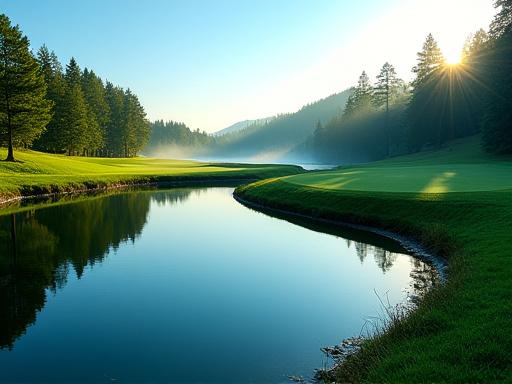 Wasserhindernis am siebten Loch im Morgenlicht